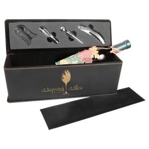 Black/Gold Laserable Leatherette Single Wine Box with Tools