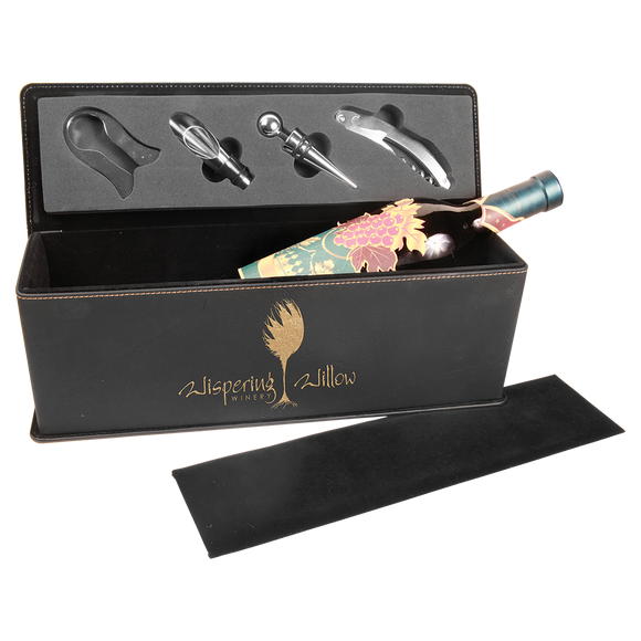 Black/Gold Laserable Leatherette Single Wine Box with Tools