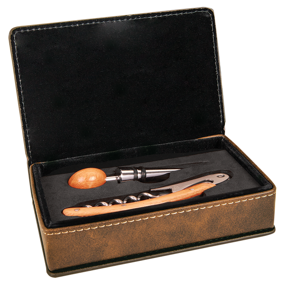 Rustic/Gold Laserable Leatherette 2-Piece Wine Tool Set