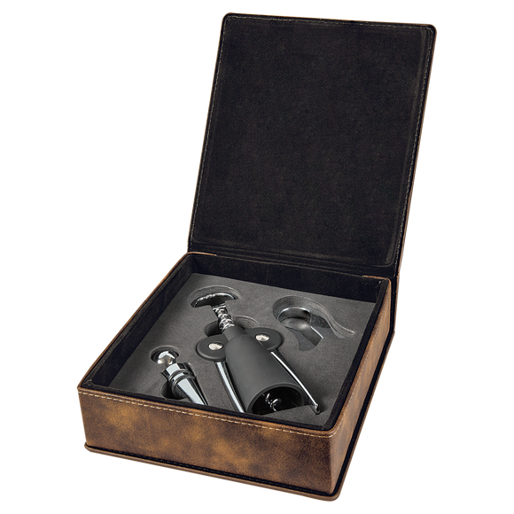 Rustic/Gold Laserable Leatherette 3-Piece Wine Tool Gift Set