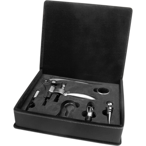 Black/Silver Laserable Leatherette 5-Piece Wine Tool Gift Set