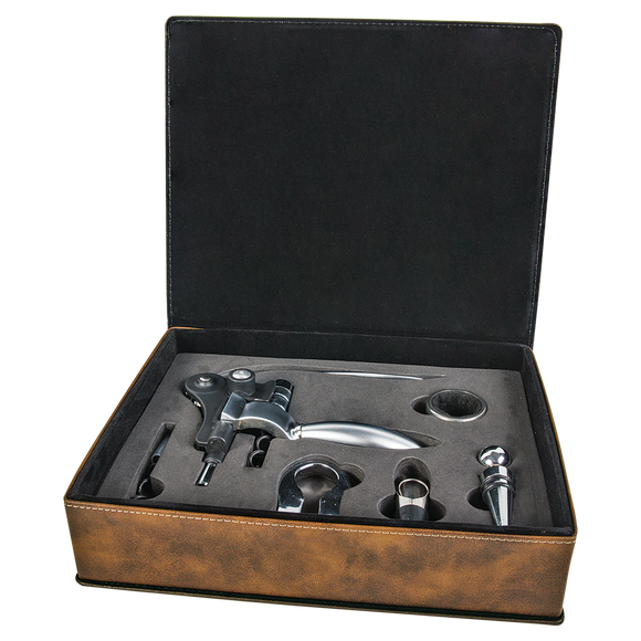 Rustic/Gold Laserable Leatherette 5-Piece Wine Tool Set
